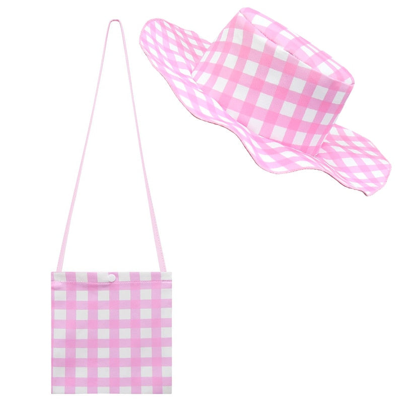 Hot Movie Barbie Costume For Kids Girls Cosplay Pink Plaid Dress Halloween Girl Dress Up Carnival Party Clothes With Hat 2-10T