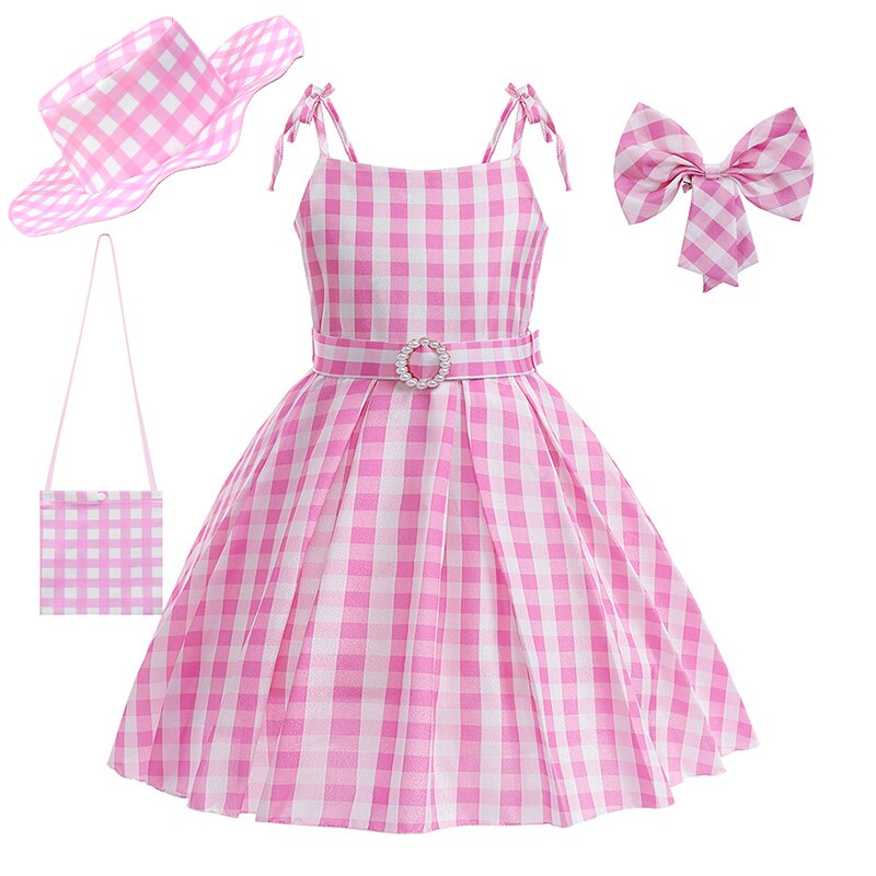 Hot Movie Barbie Costume For Kids Girls Cosplay Pink Plaid Dress Halloween Girl Dress Up Carnival Party Clothes With Hat 2-10T Pink Dress Set4