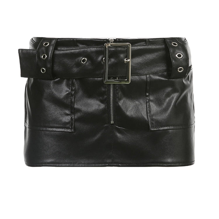 IAMSURE Sexy Slim Pu Leather Skirt Below The Navel With Sashes Cool Retro Zipper Mini Skirts Women 2022 Summer Streetwear Ladies