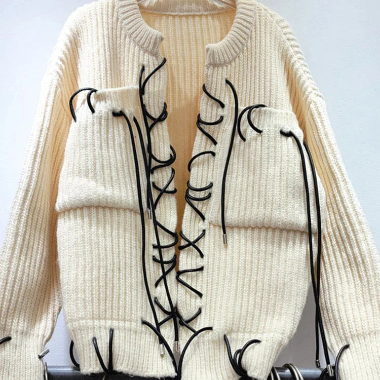 IEQJ Design Sense Thick Knitted Strap Cardigan Sweater Coat For Women Long Sleeve Loose Casual Sweaters 2023 New Winter 3WQ8114