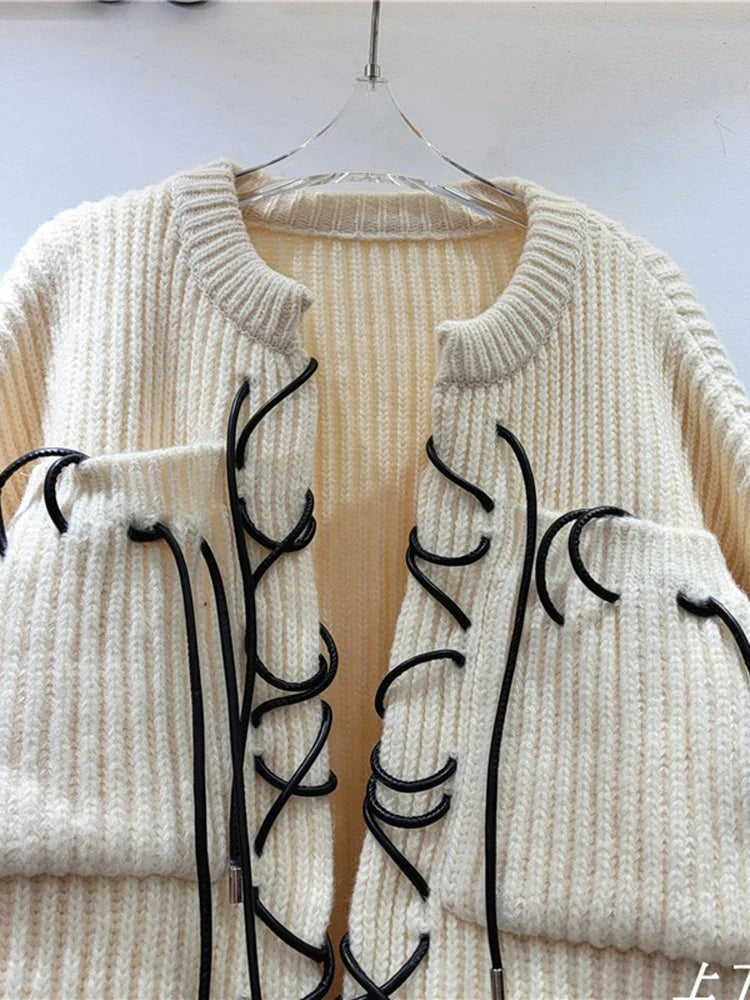 IEQJ Design Sense Thick Knitted Strap Cardigan Sweater Coat For Women Long Sleeve Loose Casual Sweaters 2023 New Winter 3WQ8114