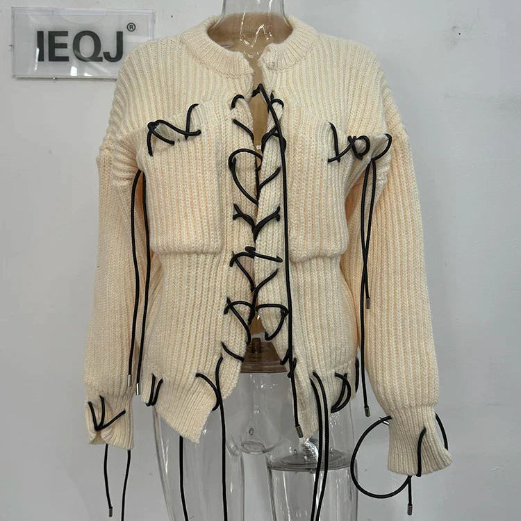 IEQJ Design Sense Thick Knitted Strap Cardigan Sweater Coat For Women Long Sleeve Loose Casual Sweaters 2023 New Winter 3WQ8114 Apricot One Size