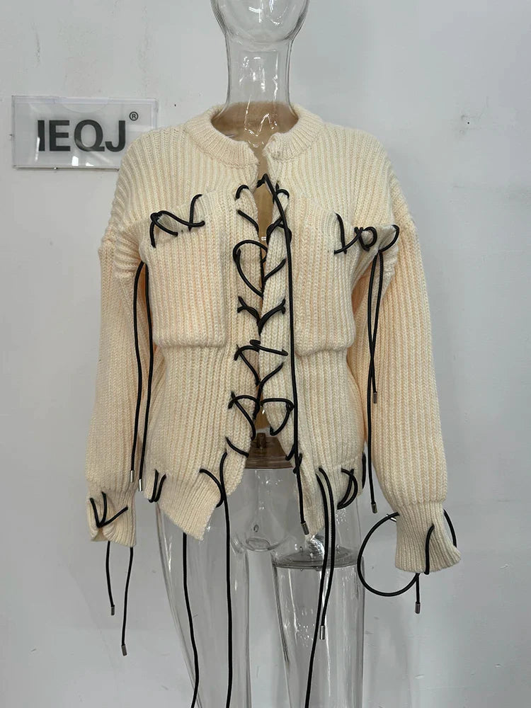 IEQJ Design Sense Thick Knitted Strap Cardigan Sweater Coat For Women Long Sleeve Loose Casual Sweaters 2023 New Winter 3WQ8114 Apricot One Size