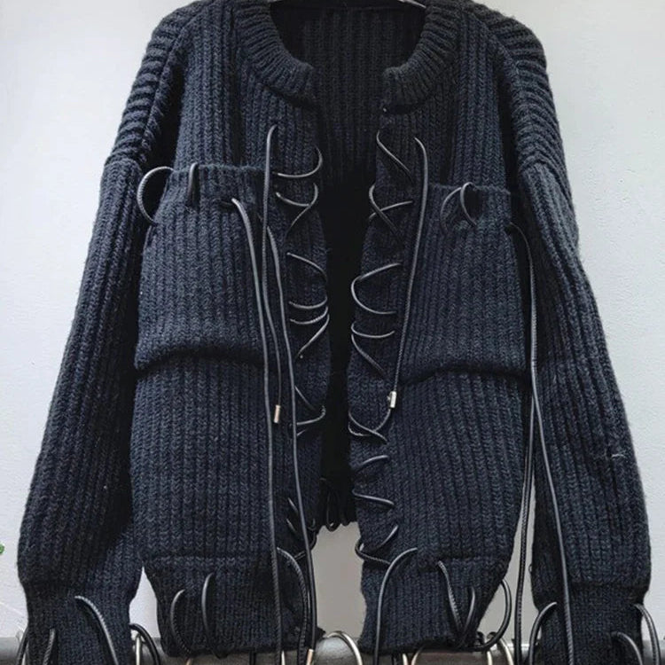 IEQJ Design Sense Thick Knitted Strap Cardigan Sweater Coat For Women Long Sleeve Loose Casual Sweaters 2023 New Winter 3WQ8114