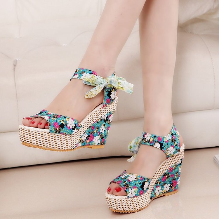 INS Hot Lace Leisure Women Wedges Heeled Women Shoes 2022 Summer Sandals Party Platform High Heels Shoes Woman 88blue