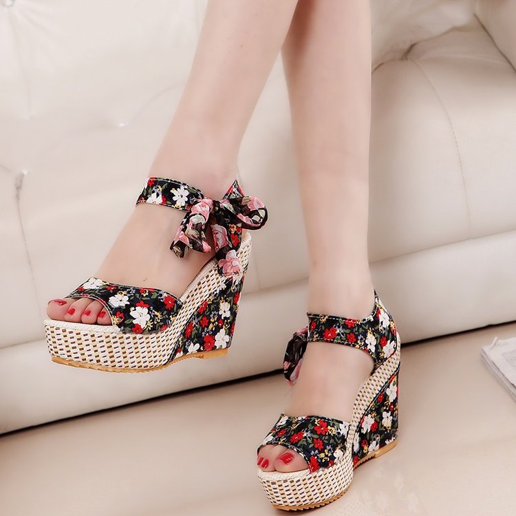 INS Hot Lace Leisure Women Wedges Heeled Women Shoes 2022 Summer Sandals Party Platform High Heels Shoes Woman 88black
