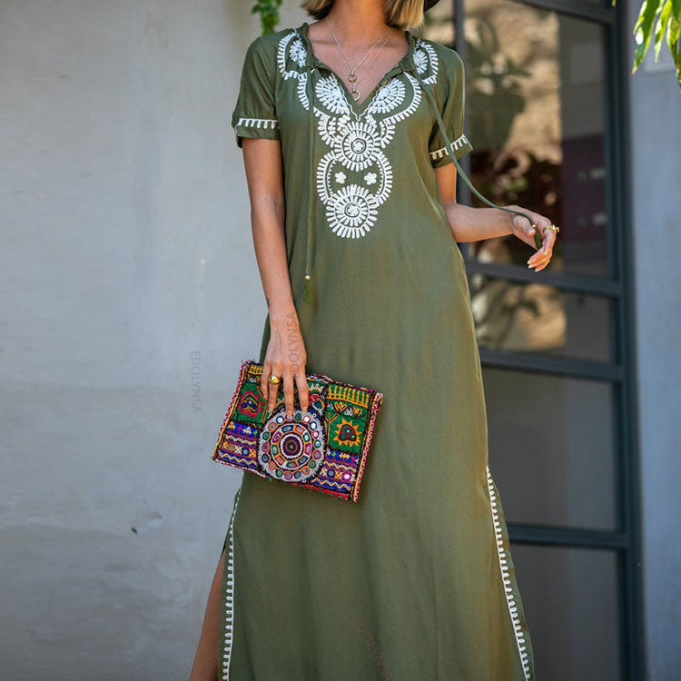 Indie Folk Lace Up V-Neck Batwing Sleeve Summer Beach Dress Tunic Women Beachwear kaftan Maxi Dress Robe Sarong Q595-green-775 One Size