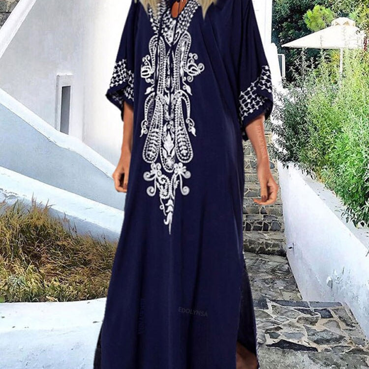 Indie Folk Lace Up V-Neck Batwing Sleeve Summer Beach Dress Tunic Women Beachwear kaftan Maxi Dress Robe Sarong