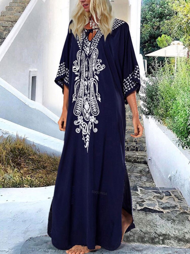 Indie Folk Lace Up V-Neck Batwing Sleeve Summer Beach Dress Tunic Women Beachwear kaftan Maxi Dress Robe Sarong