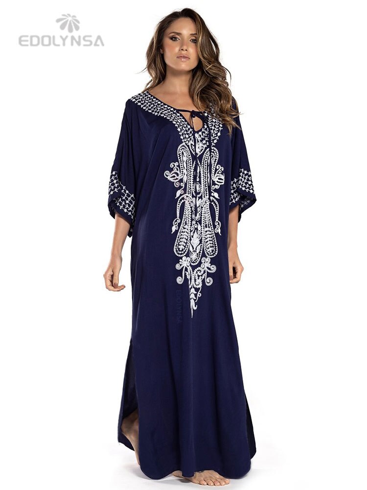 Indie Folk Lace Up V-Neck Batwing Sleeve Summer Beach Dress Tunic Women Beachwear kaftan Maxi Dress Robe Sarong Q775Dark Blue-775 One Size
