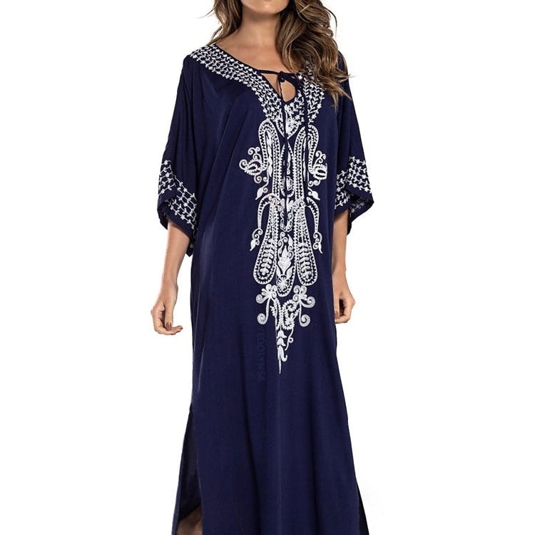 Indie Folk Lace Up V-Neck Batwing Sleeve Summer Beach Dress Tunic Women Beachwear kaftan Maxi Dress Robe Sarong