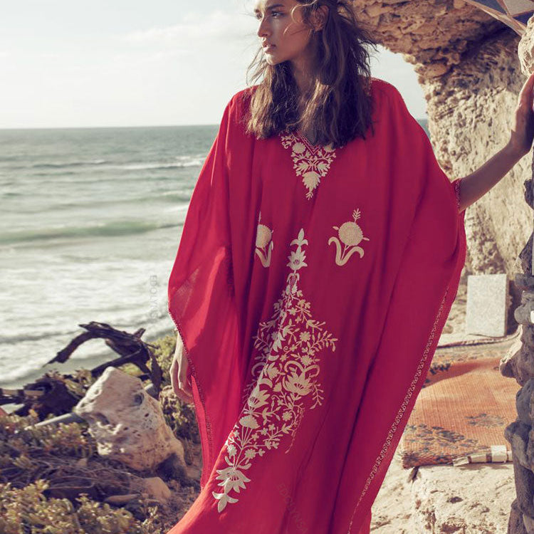 Indie Folk Lace Up V-Neck Batwing Sleeve Summer Beach Dress Tunic Women Beachwear kaftan Maxi Dress Robe Sarong Q855-775 One Size