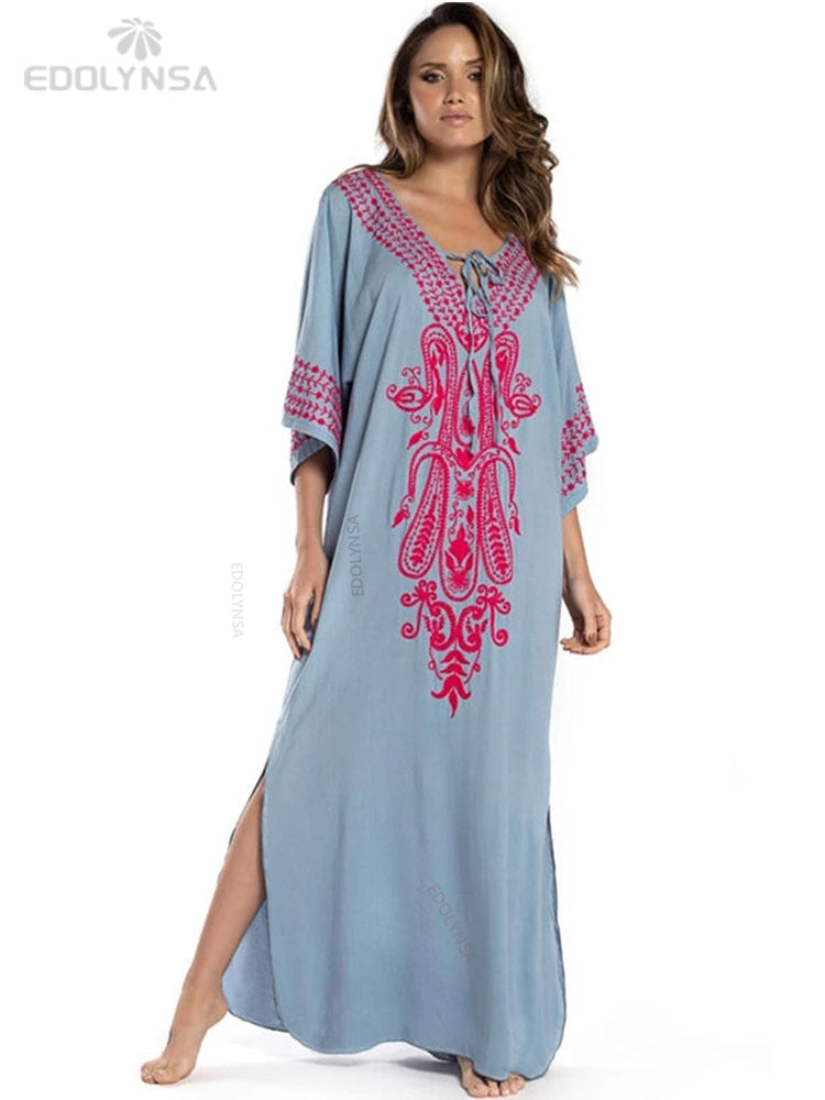 Indie Folk Lace Up V-Neck Batwing Sleeve Summer Beach Dress  Tunic Women Beachwear kaftan Maxi Dress Robe Sarong AMAIO