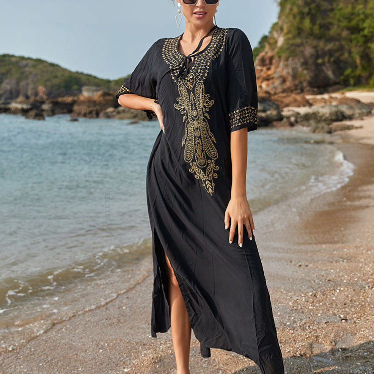 Indie Folk Lace Up V-Neck Batwing Sleeve Summer Beach Dress Tunic Women Beachwear kaftan Maxi Dress Robe Sarong Q775-Black One Size