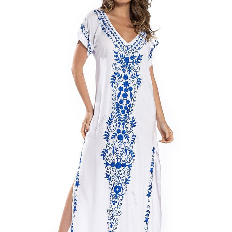 Indie Folk Lace Up V-Neck Batwing Sleeve Summer Beach Dress Tunic Women Beachwear kaftan Maxi Dress Robe Sarong Q790White-775 One Size