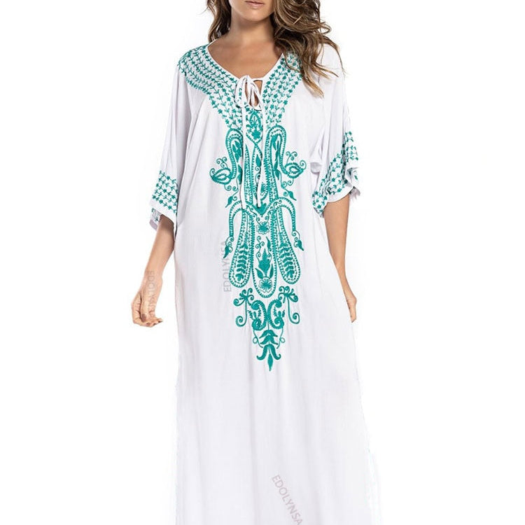 Indie Folk Lace Up V-Neck Batwing Sleeve Summer Beach Dress Tunic Women Beachwear kaftan Maxi Dress Robe Sarong Q775White-775 One Size