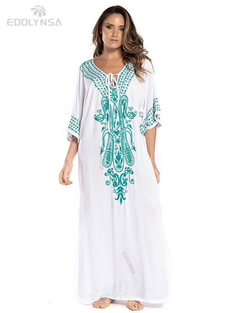 Indie Folk Lace Up V-Neck Batwing Sleeve Summer Beach Dress Tunic Women Beachwear kaftan Maxi Dress Robe Sarong Q775White-775 One Size