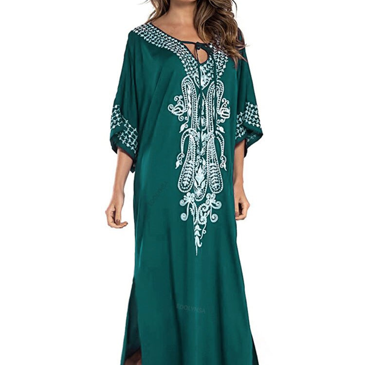 Indie Folk Lace Up V-Neck Batwing Sleeve Summer Beach Dress Tunic Women Beachwear kaftan Maxi Dress Robe Sarong Q775-Green One Size
