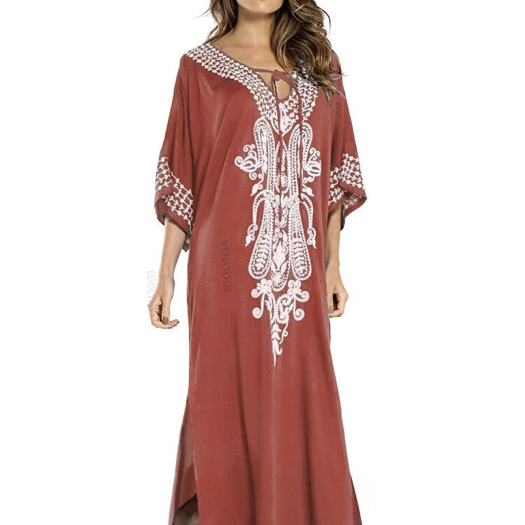 Indie Folk Lace Up V-Neck Batwing Sleeve Summer Beach Dress Tunic Women Beachwear kaftan Maxi Dress Robe Sarong Q775-Red One Size