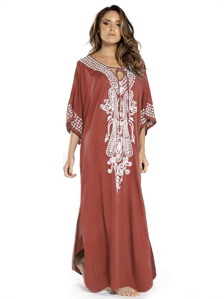Indie Folk Lace Up V-Neck Batwing Sleeve Summer Beach Dress Tunic Women Beachwear kaftan Maxi Dress Robe Sarong Q775-Red One Size
