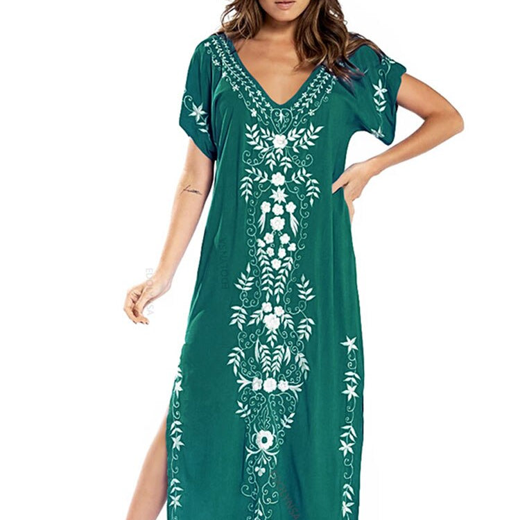 Indie Folk Lace Up V-Neck Batwing Sleeve Summer Beach Dress Tunic Women Beachwear kaftan Maxi Dress Robe Sarong
