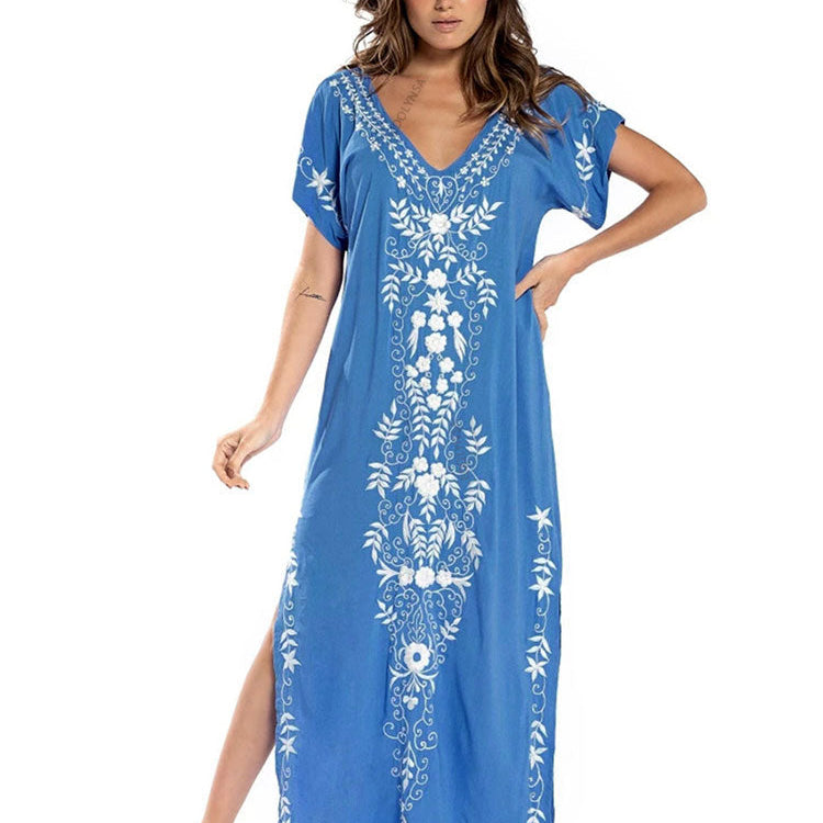 Indie Folk Lace Up V-Neck Batwing Sleeve Summer Beach Dress Tunic Women Beachwear kaftan Maxi Dress Robe Sarong Q790-Blue-775 One Size