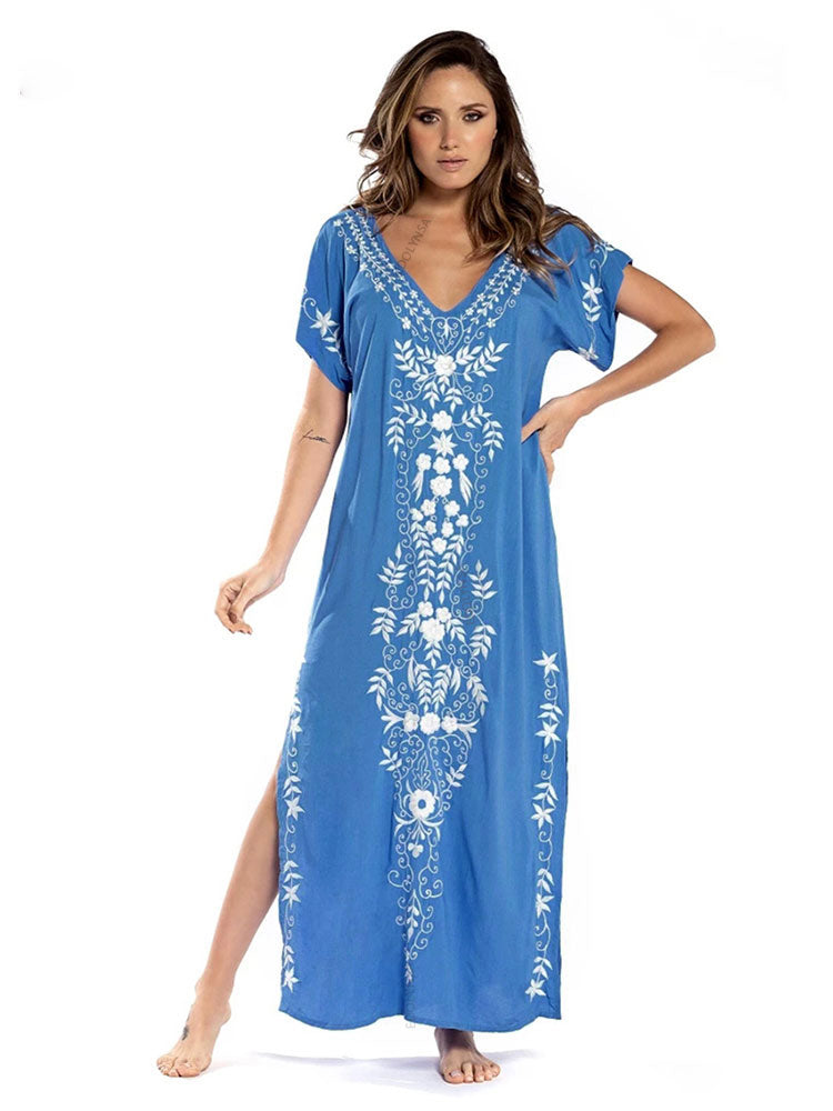 Indie Folk Lace Up V-Neck Batwing Sleeve Summer Beach Dress Tunic Women Beachwear kaftan Maxi Dress Robe Sarong Q790-Blue-775 One Size