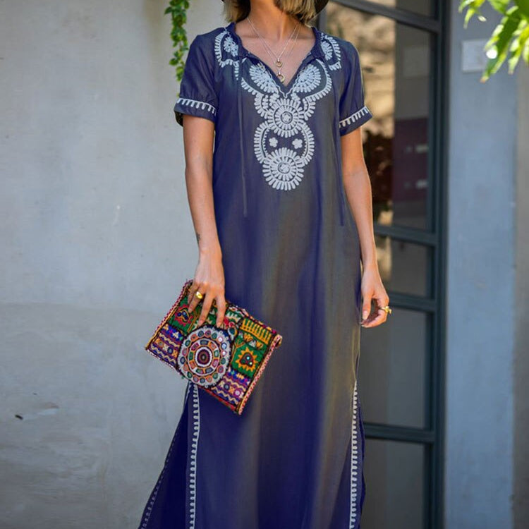 Indie Folk Lace Up V-Neck Batwing Sleeve Summer Beach Dress Tunic Women Beachwear kaftan Maxi Dress Robe Sarong Q595-blue-775 One Size