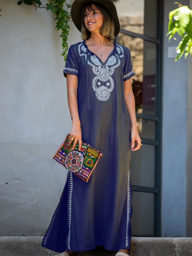 Indie Folk Lace Up V-Neck Batwing Sleeve Summer Beach Dress Tunic Women Beachwear kaftan Maxi Dress Robe Sarong Q595-blue-775 One Size