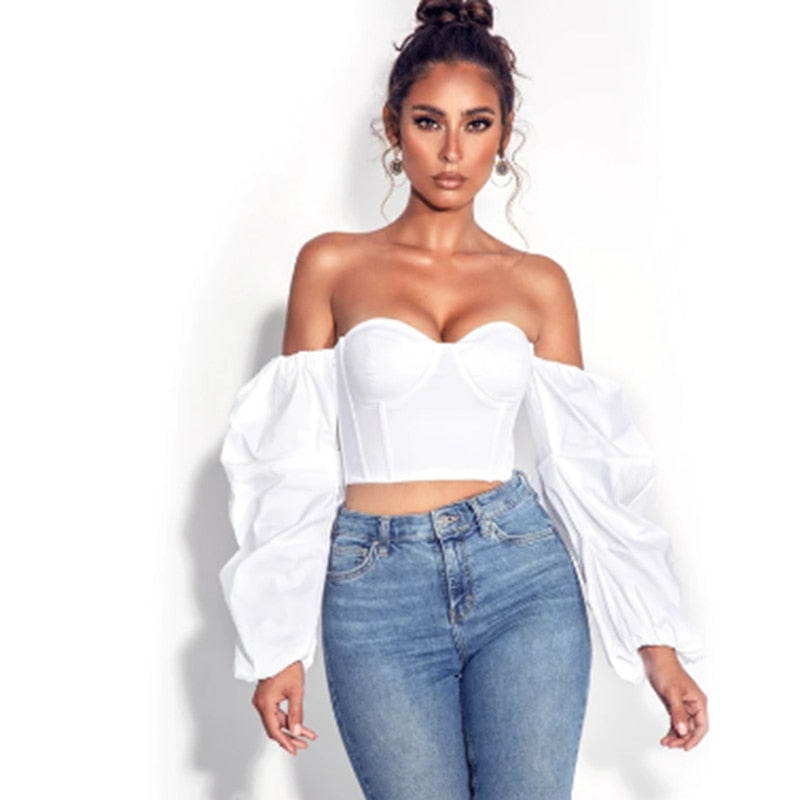 Irregular Long Sleeve Sexy Fashion Crop Short Top white