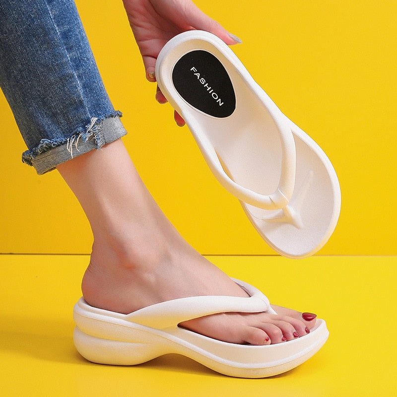JMPRS Thick Sole Wedges Flip Flops for Women 2024 Summer Clip Toe Platform Sandals Woman Non Slip Beach Slippers Outdoor Slides White