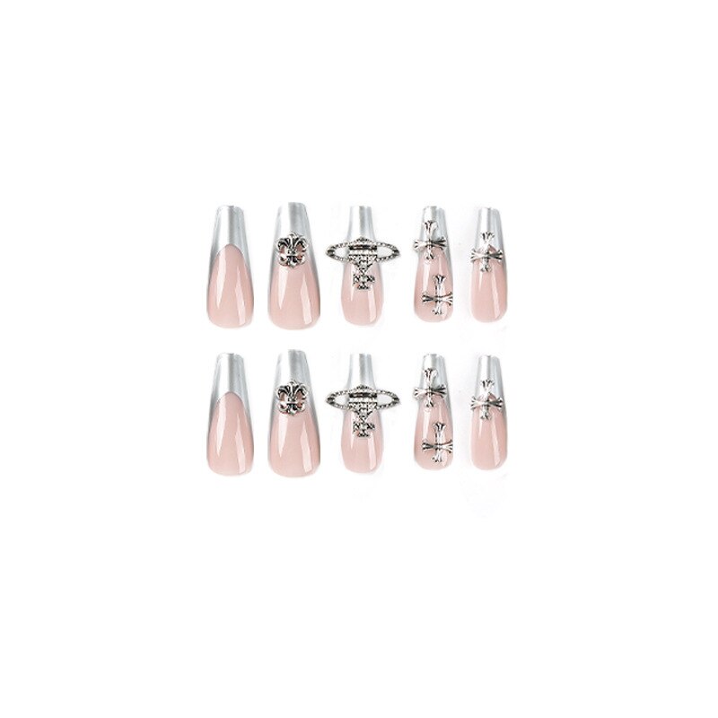 JP2347 Silver French Tip Press on Nails Wholesale Bulk,XXL Reusable Stick on Nails Set Press on