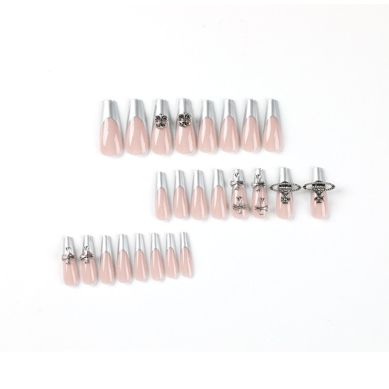 JP2347 Silver French Tip Press on Nails Wholesale Bulk,XXL Reusable Stick on Nails Set Press on