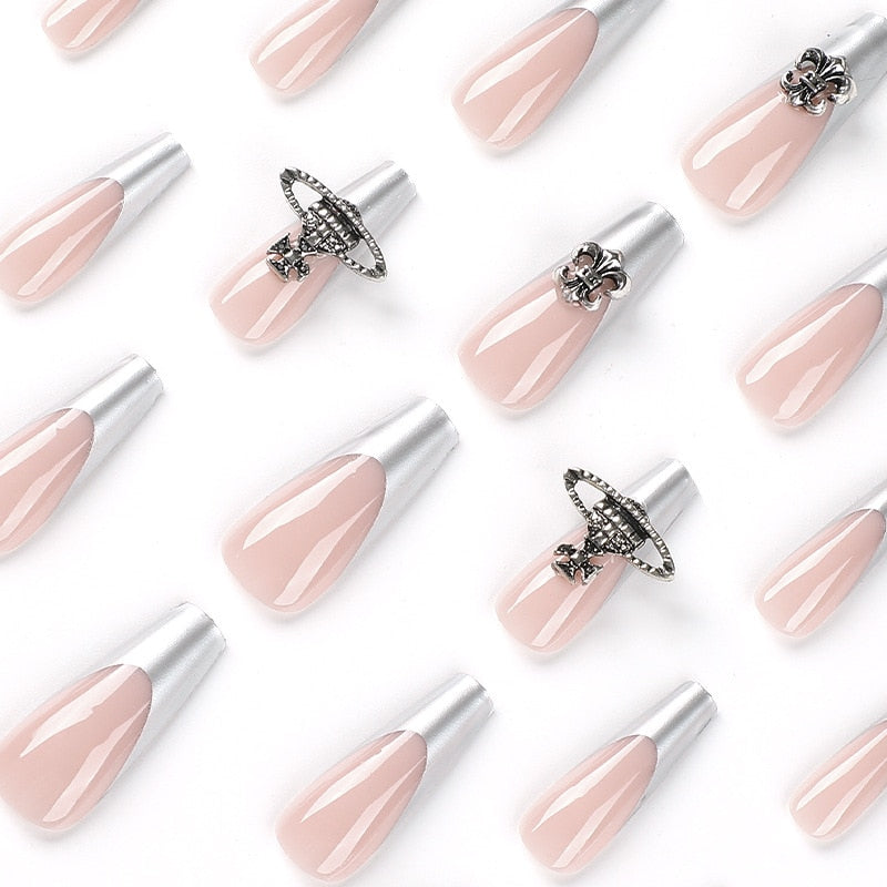 JP2347 Silver French Tip Press on Nails Wholesale Bulk,XXL Reusable Stick on Nails Set Press on