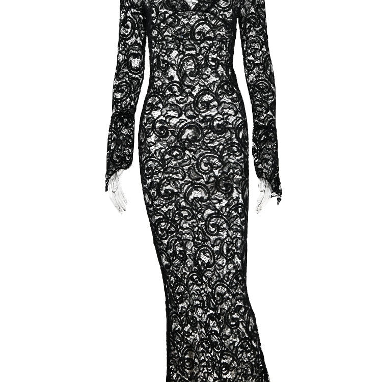 JULISSA MO 2024 Elegant Lace See Through V-neck Maxi Sexy Dress For Women Summer Chic Longsleeves Hollow Out Slim Floor Dress