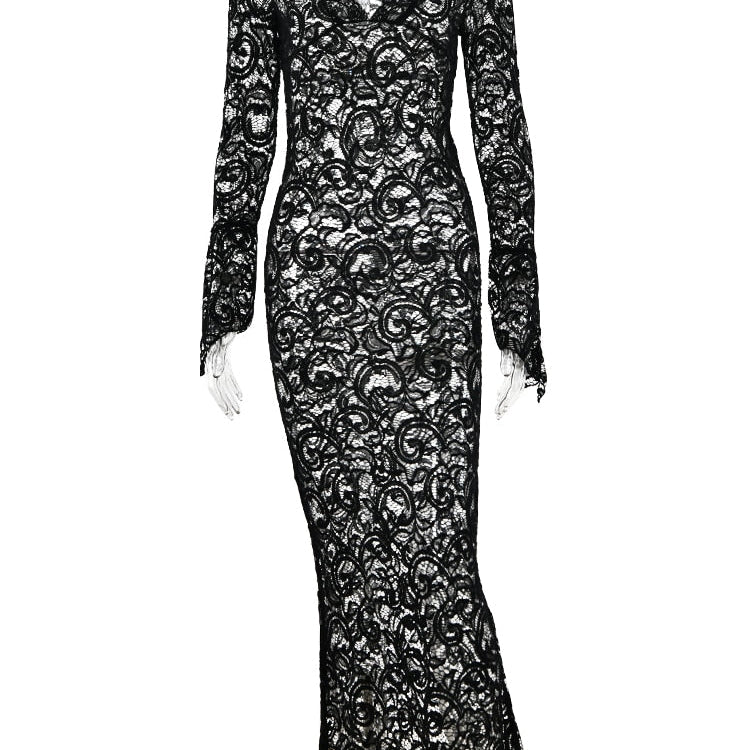 JULISSA MO 2024 Elegant Lace See Through V-neck Maxi Sexy Dress For Women Summer Chic Longsleeves Hollow Out Slim Floor Dress black