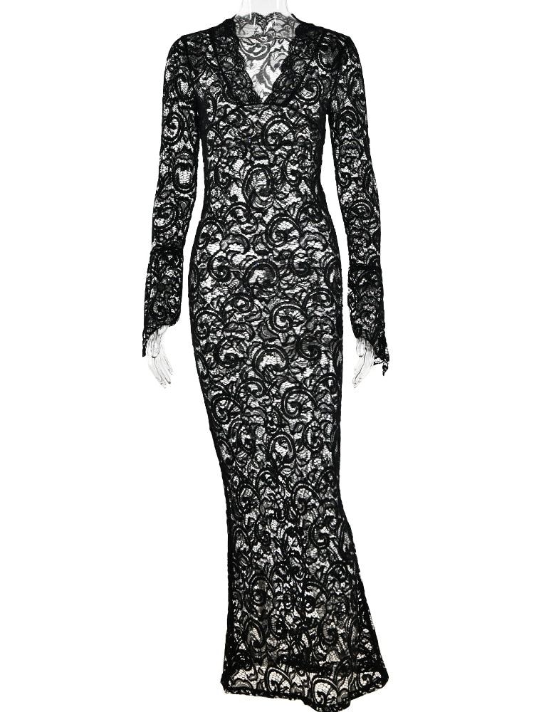JULISSA MO 2024 Elegant Lace See Through V-neck Maxi Sexy Dress For Women Summer Chic Longsleeves Hollow Out Slim Floor Dress black