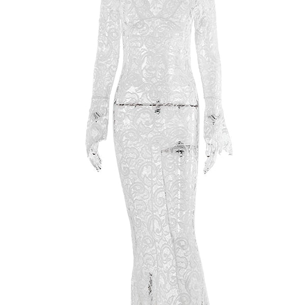 JULISSA MO 2024 Elegant Lace See Through V-neck Maxi Sexy Dress For Women Summer Chic Longsleeves Hollow Out Slim Floor Dress white