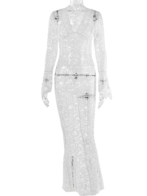 JULISSA MO 2024 Elegant Lace See Through V-neck Maxi Sexy Dress For Women Summer Chic Longsleeves Hollow Out Slim Floor Dress white