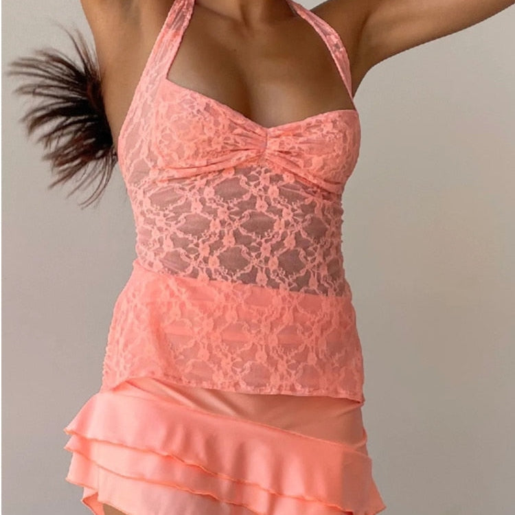 JULISSA MO Ladies Sexy Halter Bandage Lace See Through Crop Top For Women Summer Backless Slim Party Tops Vest