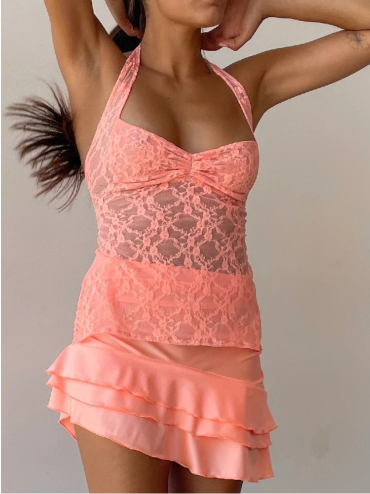 JULISSA MO Ladies Sexy Halter Bandage Lace See Through Crop Top For Women Summer Backless Slim Party Tops Vest