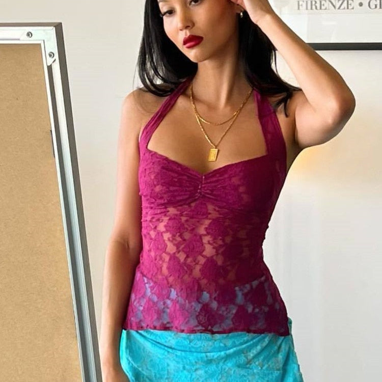 JULISSA MO Ladies Sexy Halter Bandage Lace See Through Crop Top For Women Summer Backless Slim Party Tops Vest