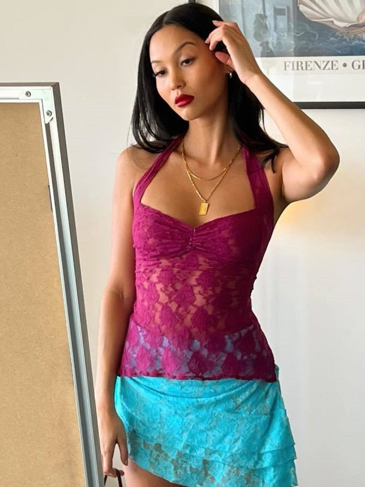 JULISSA MO Ladies Sexy Halter Bandage Lace See Through Crop Top For Women Summer Backless Slim Party Tops Vest