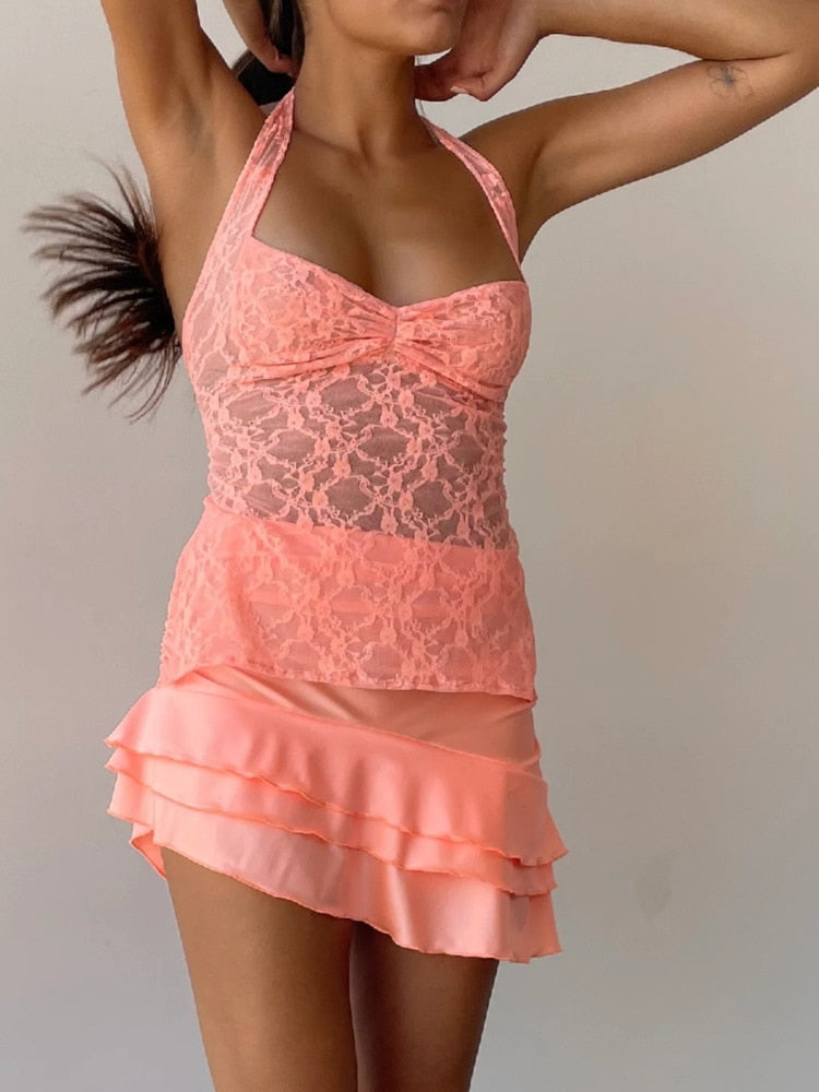 JULISSA MO Ladies Sexy Halter Bandage Lace See Through Crop Top For Women Summer Backless Slim Party Tops Vest orang