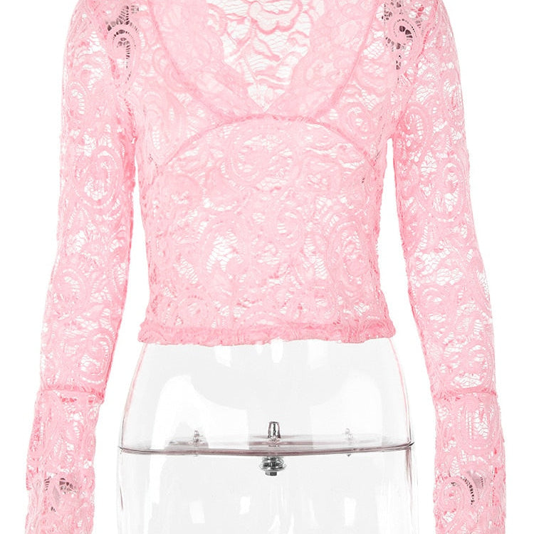 JULISSA MO See Through V-neck Long Sleeve Lace Skinny Tops Outfits Women 2024 Summer Party Club T-Shirts Tees Club Party Clothes