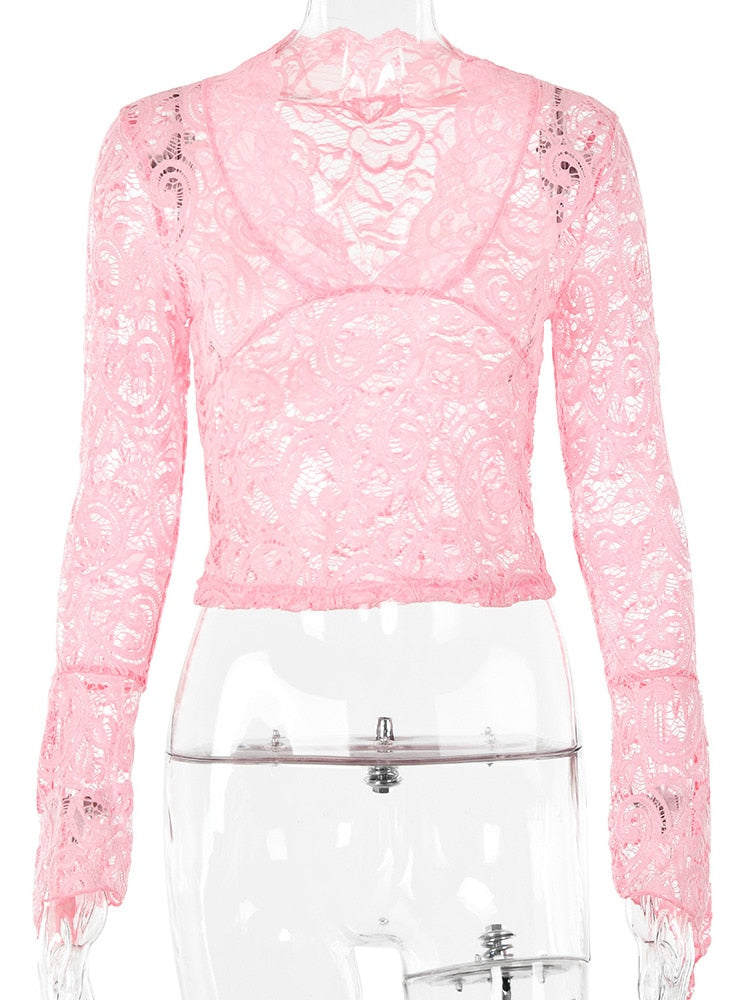 JULISSA MO See Through V-neck Long Sleeve Lace Skinny Tops Outfits Women 2024 Summer Party Club T-Shirts Tees Club Party Clothes