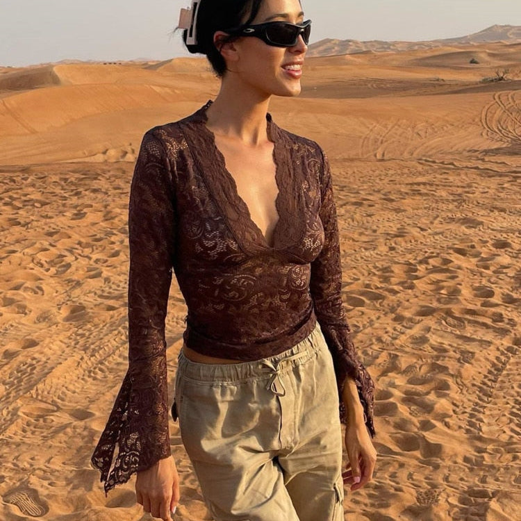 JULISSA MO See Through V-neck Long Sleeve Lace Skinny Tops Outfits Women 2024 Summer Party Club T-Shirts Tees Club Party Clothes