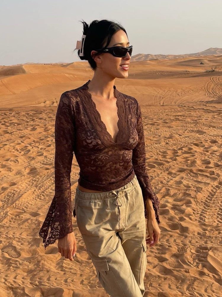 JULISSA MO See Through V-neck Long Sleeve Lace Skinny Tops Outfits Women 2024 Summer Party Club T-Shirts Tees Club Party Clothes