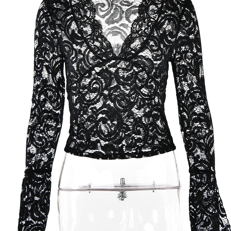 JULISSA MO See Through V-neck Long Sleeve Lace Skinny Tops Outfits Women 2024 Summer Party Club T-Shirts Tees Club Party Clothes Black