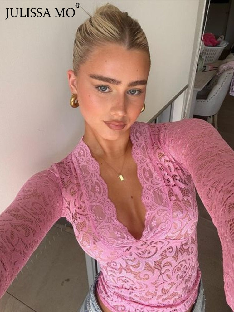 JULISSA MO See Through V-neck Long Sleeve Lace Skinny Tops Outfits Women 2024 Summer Party Club T-Shirts Tees Club Party Clothes
